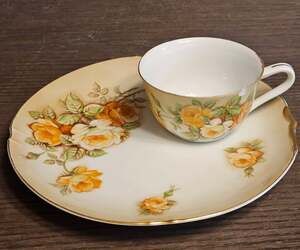Vintage China Snack Plate Cup Set Roses No Mark Replacement Plate Cup has Chip